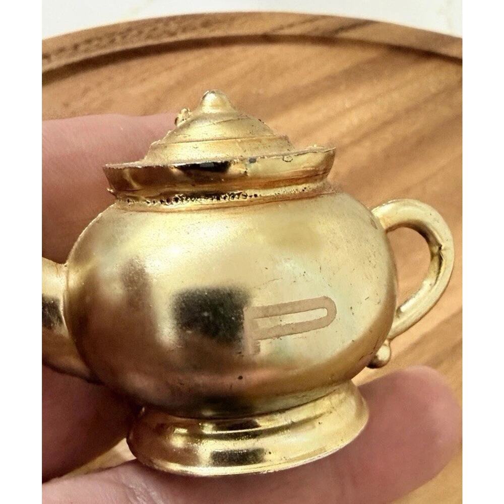 Mini Vintage Belly Teapot Salt & Pepper Shakers Gold Finish 1x2” - Picture 5 of 5